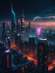 Wall Mural - Cyberpunk cityscape with futuristic skyline and lights, HD wallpaper, high contrast