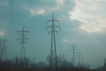 Canvas Print - power transmission lines in an open field with rolling hills and blue sky