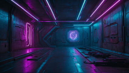 Poster - Cyberpunk corridor with concrete blocks, neon lasers, purple-blue lighting, 3D underground