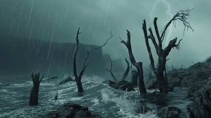 Poster - A stormy ocean with a few trees in the water