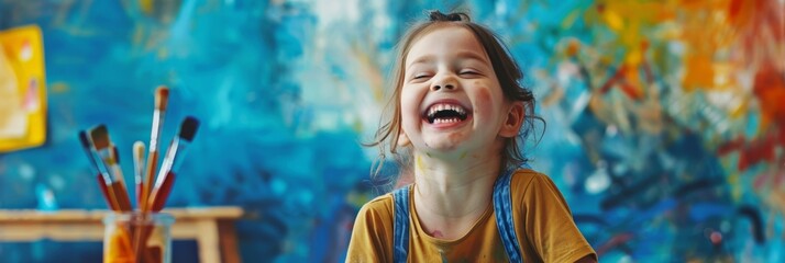 A young girl smiles brightly during an art therapy session, surrounded by colorful artwork and paintbrushes