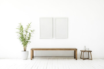 Poster - Minimalist Living Room Interior With Wooden Bench And Two White Frames