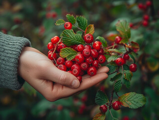 Poster - Hand Holding Red Berries From a Bush in the Fall