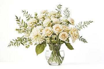 Wall Mural - Bouquet of white roses and dahlias in a glass vase