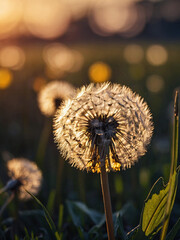 Wall Mural - Dandelion field at sunset with bokeh effect