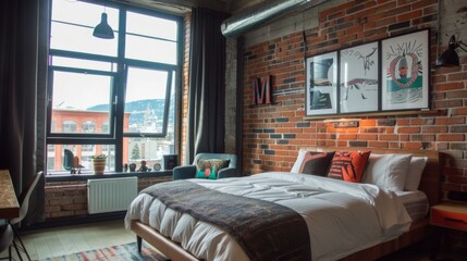 A bed in a stylish studio apartment, featuring a trendy urban design with exposed brick walls and industrial decor.