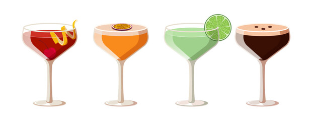 Wall Mural - Set of glamour cocktails. Modern cocktails collection isolated on white background. Vector illustration of porn star martini, espresso martini, manhattan, gimlet