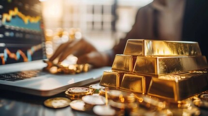 Poster - A businessperson reviewing a gold price report with graphs and charts, highlighting key trends.