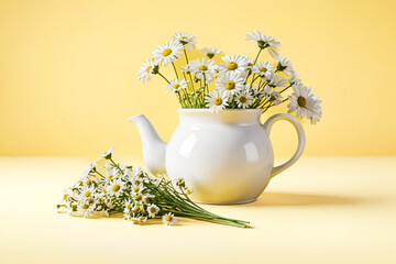 Canvas Print - Daisies in a White Teapot on a Yellow Background