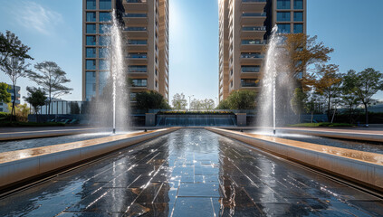 Wall Mural - Facade of two towers, with water fountains and architecture. Generative AI.