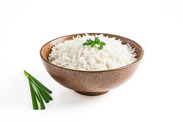 Poster - Cooked White Rice in a Bowl with Green Garnish