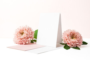 Poster - Blank Greeting Card Mockup with Pink Flowers