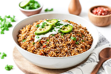 Poster - Close-up of a bowl of rice with avocado and cilantro