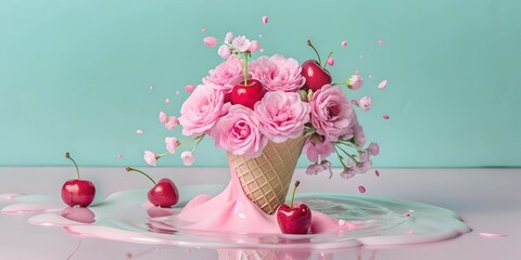 Wall Mural - Ice cream with flowers inside, cherries, creative ice cream on a blue background composition wallpaper background