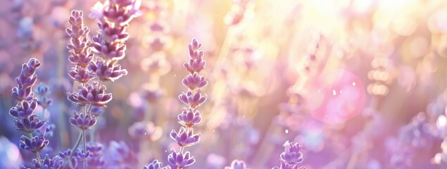 Wall Mural - A soft focus background of lavender plants, bathed in the gentle glow of sunlight The light creates a dreamy and ethereal atmosphere with the delicate petals of lavender Generative AI