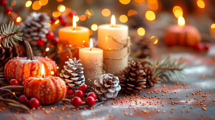 Wall Mural - Orange pumpkins with burning candles, pine cones and branches and red berries in festive backround with blurred lights