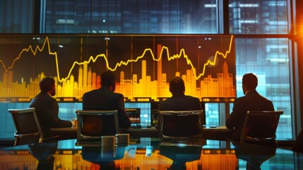 Aufkleber - A group of investors discussing gold price graphs projected onto a screen in a boardroom.