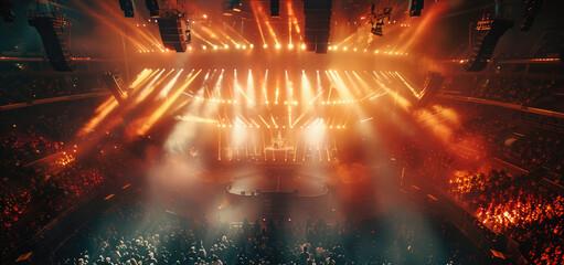Poster - Drone shot of a rock concert in a stadium with a lot of stage lights. Generative AI.