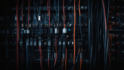 Wall Mural - Dark industrial wallpaper with wires and connected tech. Black texture with electrical elements. High contrast