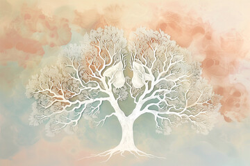 A detailed drawing of a white tree with its branches shaped like lungs, representing life and breath, against a soft pastel background.