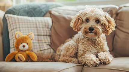 Wall Mural - A fluffy cockapoo sitting on a sofa in a house with a teddy bear and cushion next to it