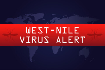 West Nile virus alert. Vector illustration gradient background with world map, mosquito and text. Health concept.