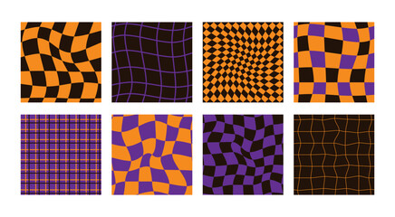 Halloween distorted checkered seamless patterns set. Psychedelic retro backgrounds 60s 70s style.