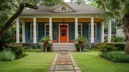 Wall Mural - A front view of an acadian renovated home with columns sidewalks and a colorful front door recently purchased with the changing real estate market