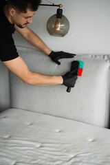 Wall Mural - Brush removing dust and stains from upholstered bed headboard and couch. Cleaner is using brush to clean the sofa pillows. Dry cleaning service.