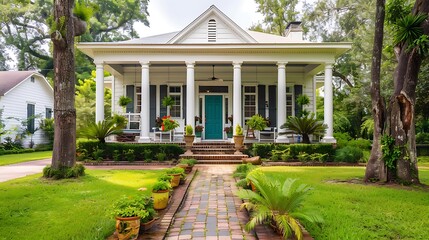 Wall Mural - A front view of an acadian renovated home with columns sidewalks and a colorful front door recently purchased with the changing real estate market