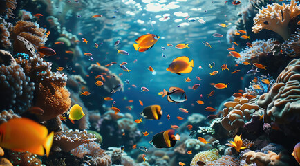 Poster - Beautiful underwater view of a coral reef with many fishes visible. Generative AI.