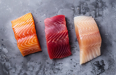 Wall Mural - Pieces of raw salmon, tuna and cod.