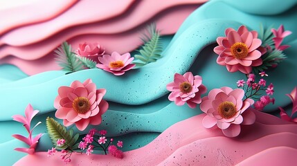 Wall Mural -   A painting of vibrant flowers atop a blue and pink wave