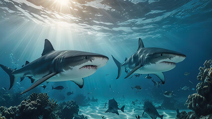 sharks in the water column swim underwater in the tropical ocean.