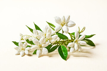 Canvas Print - White Flowers with Green Leaves on a White Background