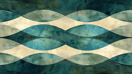 Wall Mural -  A blue and white wave painting on a green and beige background with a white rectangle in the center