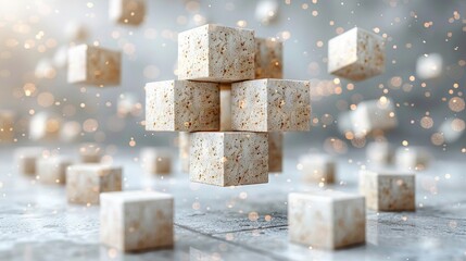 Wall Mural -   A cluster of white blocks perched atop a concrete slab, adjacent to hazy illumination