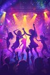 © Koja - Energetic silhouettes of people dancing at a lively concert with vibrant lighting effects and musical notes illuminating the background, capturing a dynamic nightlife scene.