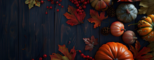 Canvas Print - Seasonal Background, with Autumn Leaves, Pumpkins and Berries on a Dark wood Tabletop. Thanksgiving Concept with copy space.