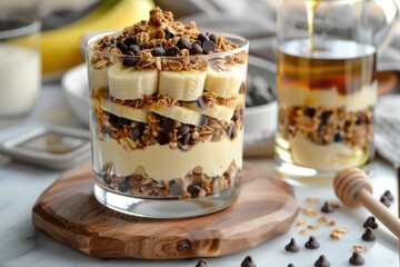 Wall Mural - A glass bowl filled with a banana and chocolate chip granola dessert