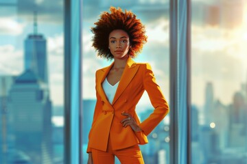 Wall Mural - A woman in a business suit stands in front of a window with a city view