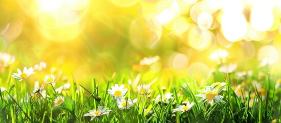 Wall Mural - Beautiful spring background with green grass and flowers on blurred yellow sunlight background, banner for copy space Generative AI