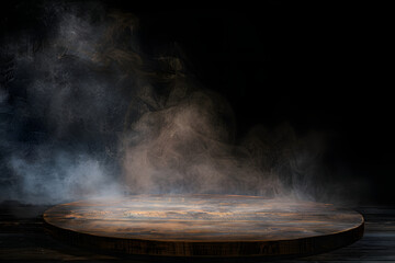 Wall Mural - Empty old circular wooden table with smoke float up on dark background