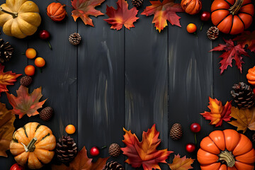 Canvas Print - Autumn frame with cute colorful leaves and pumpkins. Thanksgiving and Harvest day trendy black wooden background with beautiful leaves. Fall leaf border with copy space