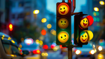 Wall Mural - Animated Traffic Light with Happy Faces on City Street at Night. International Traffic Light Day