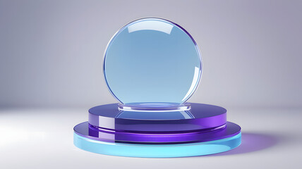 Podium glass 3D background display blue platform product transparent stand. Glass 3D light podium scene stage water crystal ad cosmetic shape cube white clear presentation clean circle purple drop.