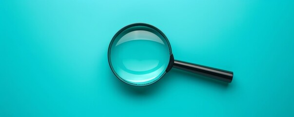 Magnifying glass on turquoise background, overhead view. Search concept