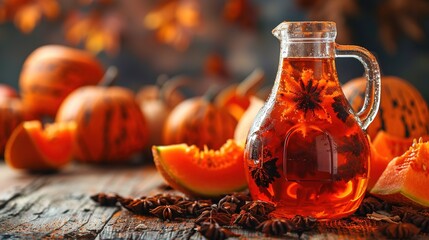 Wall Mural -   A teapot atop a wooden table beside sliced melon and pumpkins