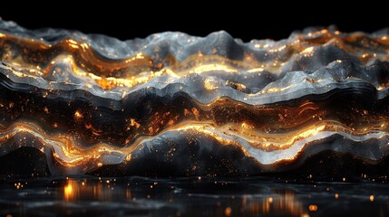 Wall Mural -   A high-quality image of a golden and silver wave crashing onto a black background, mirrored in the water below