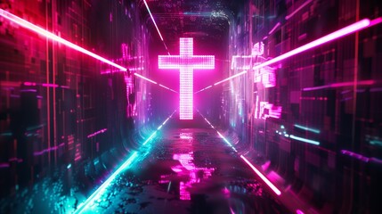 Wall Mural - Glowing neon cross in data stream tunnel. Futuristic virtual reality concept of faith and spirituality.